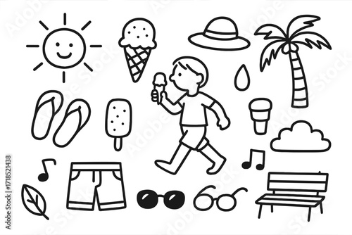Summer Stroll Doodle. Hand-drawn doodle illustration [summer stroll with ice cream] [sun, ice cream cone, flip flops, walking person, palm tree, sweat drop,