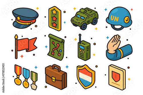 Military Leadership Icons. Colorful isometric vector icons set of military and state leadership: general?s hat, rank badge, armored vehicle, peacekeeping