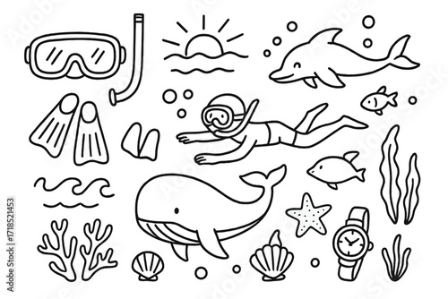 Underwater Adventure Doodles. Hand-drawn doodle illustration free diving mask, snorkel, fins, swimmer, dolphin, whale, fish, bubbles, coral,