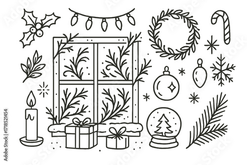Christmas Window Doodles. Hand-drawn doodle illustration holiday frost window holly, candlelight, Christmas lights, frosty pattern, garland, snowy sill,