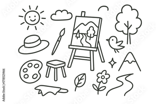 Outdoor Art Doodle. Hand-drawn doodle illustration Outdoor plein air painting [easel, stool, paintbrush, palette, hat, sun, tree, cloud, mountain, river,