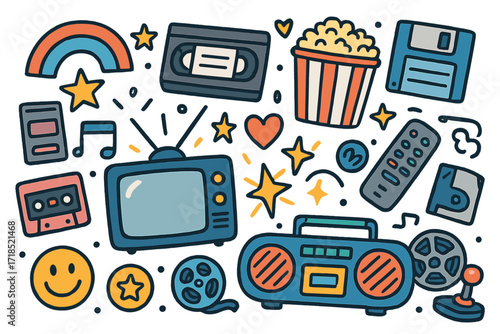 Retro Media Nostalgia. Colorful Hand-drawn doodle Children illustration Nostalgic Media Night [CRT television, VHS tape, cassette, popcorn, remote control,