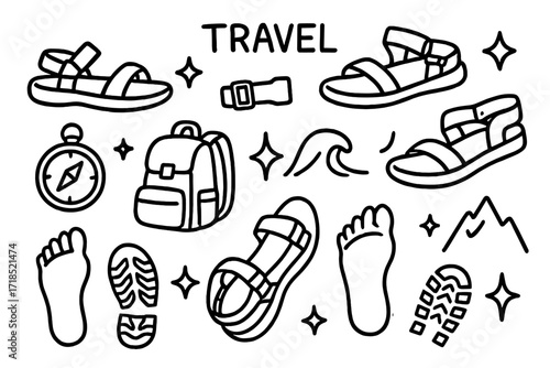 Travel Adventure Icons. Hand-drawn doodle illustration Travel Sandals [hiking sandals, sporty sandal, sole outline, buckle strap, strap sandal, slide sandal,
