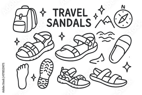 Travel Adventure Icons. Hand-drawn doodle illustration Travel Sandals [hiking sandals, sporty sandal, sole outline, buckle strap, strap sandal, slide sandal,