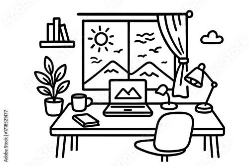 Home Office Doodle. Hand-drawn doodle illustration Home office with a view [window, sun, curtain, desk, chair, plant, laptop, mug, notebook, lamp, mountain