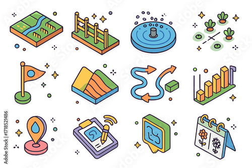 Isometric Irrigation Icons. Colorful isometric vector icons set of irrigation layout planning: garden layout map, crop zone divider, sprinkler coverage circle,