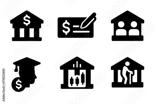 Bank Account Icons. Solid, filled icon set of bank account types: savings account, checking account, fixed deposit, business account, joint account, student