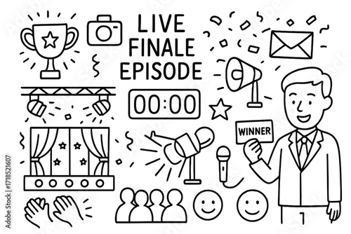 Live Finale Celebration. Hand-drawn doodle illustration Arctic survival gear [snow boots, fur hood, jacket, gloves, rope, compass, ice pick, lantern, sled,