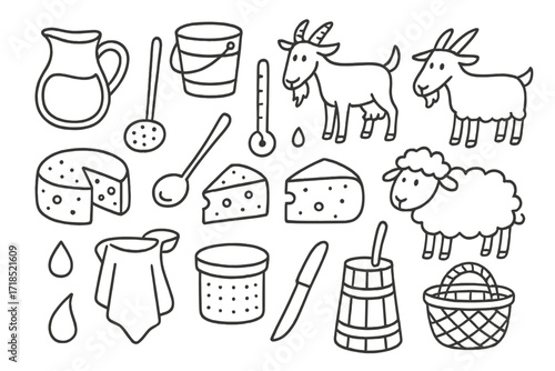 Cheese Making Doodle. Hand-drawn doodle illustration Cheese making milk jug, bucket, cow, goat, sheep, cheese wheel, cheese wedge, stirring spoon, thermometer,