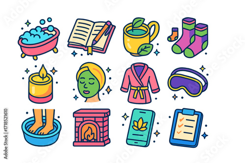 Seasonal Self-Care Icons. Colorful isometric vector icons set of seasonal self-care rituals: bubble bath, journal with pen, peppermint tea, wool socks, scented