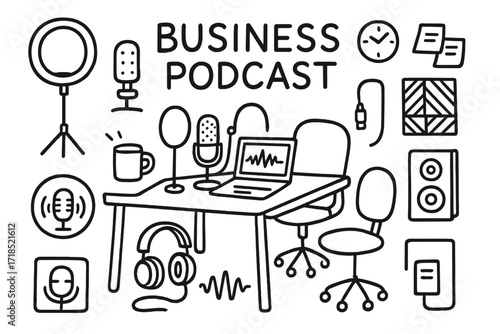 Podcasting Equipment Doodle. Hand-drawn doodle illustration [Business podcasting setups] [microphone, pop filter, laptop, headphones, waveform, desk, coffee