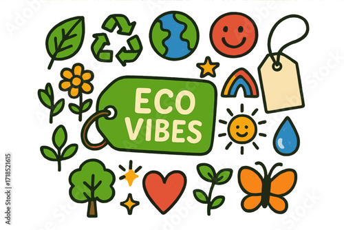 Eco Doodle Delight. Colorful Hand-drawn doodle Children illustration Green Label Design with Eco Vibes [leaf, recycling sign, earth, flower, tree, heart, star,