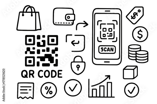 QR Code Payment Icons. Hand-drawn doodle illustration QR code payment QR code, phone camera, scan icon, wallet, shopping bag, price tag, dollar icon, coin