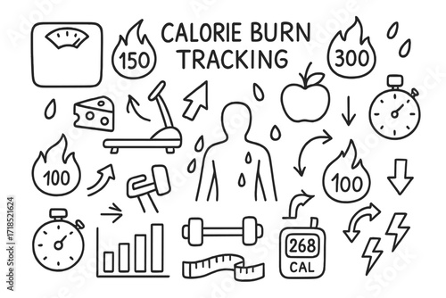 Calorie Burn Doodle Icons. Hand-drawn doodle illustration Calorie Burn Tracking flames, numbers, food icons, scales, treadmills, measuring tape, dumbbells,