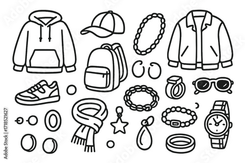 Streetwear Jewelry Doodles. Hand-drawn doodle illustration Jewelry with streetwear [hoodie, sneakers, cap, oversized jacket, backpack, chain necklace, hoop