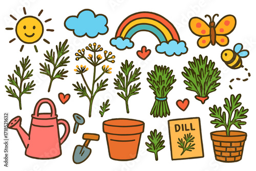 Dill Garden Doodles. Colorful Hand-drawn doodle Children illustration Fresh Dill Herb [dill sprig, herb bunch, basket, leaf, flower, sun, cloud, rainbow,