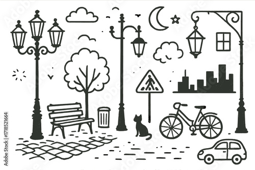 Cityscape Doodle Icons. Hand-drawn doodle illustration Street lamps in the city [lamp post, hanging lantern, cobblestone path, bench, tree, building