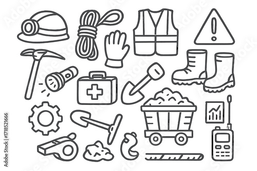 Mining Safety Icons. Hand-drawn doodle illustration Mining safety helmet, safety vest, gloves, boots, warning sign, first aid kit, flashlight, rope, pickaxe,