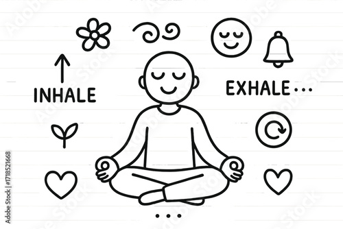 Mindful Breathing Doodle. Hand-drawn doodle illustration breathing and meditation session seated figure, crossed legs, closed eyes, hands on knees, inhale