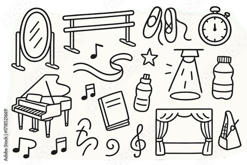 Dance Rehearsal Icons. Hand-drawn doodle illustration Dance rehearsal mirror, barre, slippers, stopwatch, piano, music note, star, spotlight, ribbon, water