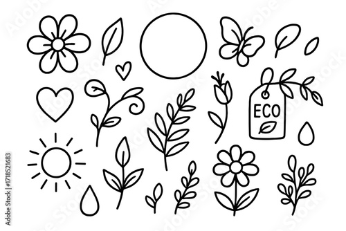 Floral Doodle Design. Hand-drawn doodle illustration Floral branding design [flower, leaf, sprout, petal, circle frame, butterfly, vine, bud, eco tag, herbal