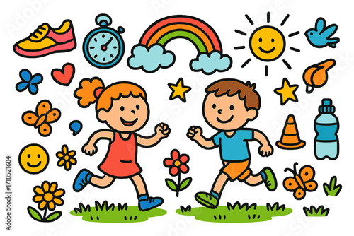 Playful Outdoor Doodles. Colorful Hand-drawn doodle Children illustration outdoor running running shoes, stopwatch, whistle, rainbow, sun, cloud, bird, grass,