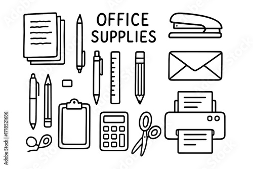 Office Supplies Doodle. Office Supplies. Hand-drawn doodle illustration catalog, paper stack, stapler, pen, pencil, ruler, calculator, clipboard, envelope,