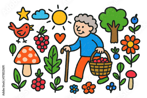 Foraging Adventure Icons. Foraging. Colorful Hand-drawn doodle Children illustration basket, berries, mushroom, leaf, flower, tree, sun, heart, elder figure,
