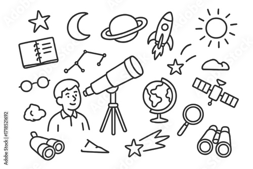 Astronomy Doodle Icons. Hand-drawn doodle illustration astronomer telescope, star, moon, planet, rocket, notebook, glasses, constellation lines, globe, comet,