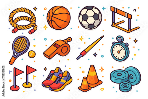 Colorful Sports Icons. Colorful isometric vector icons set of competitive sports equipment: tug of war rope, basketball, soccer ball, hurdles, tennis racket,