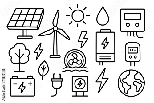 Renewable Energy Doodle Icons. Hand-drawn doodle illustration [renewable energy systems] [solar panel, windmill, hydro turbine, battery, sun, water droplet,