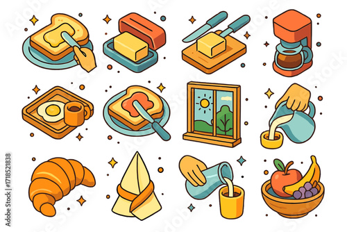 Cozy Kitchen Morning Icons. Colorful isometric vector icons set of cozy kitchen morning scenes: buttering toast, opening butter dish, slicing butter, coffee