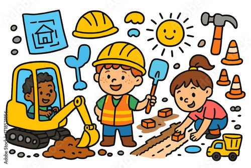 Kids' Construction Playtime. Colorful Hand-drawn doodle Children illustration Kids at construction play toy backhoe, helmet, toy shovel, mini bricks, trench