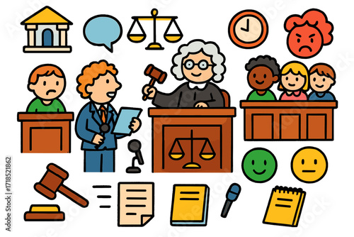 Courtroom Cartoon Doodle. Colorful Hand-drawn doodle Children illustration Inside the courtroom [judge, defendant, lawyer, jury, gavel, courthouse, scales of