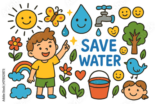 Children Save Water. Colorful Hand-drawn doodle Children illustration Kids Saving Water child smiling, water droplet, faucet, rainbow, flower, butterfly, sun,