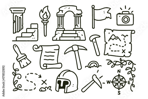 Ancient Ruins Adventure. Hand-drawn doodle illustration ancient ruins adventure broken pillar, stone steps, torchlight, ruins map, tattered flag, digging