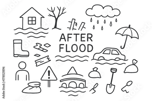 Flood Aftermath Doodles. Hand-drawn doodle illustration After flood house, tree, broken fence, debris, boot, umbrella, cloud, raindrop, waves, car, sandbag,