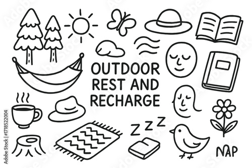 Relaxing Outdoors Icons. Hand-drawn doodle illustration Outdoor rest and recharge [hammock, tea cup, sun rays, trees, book, hat, calm face, breeze line, cloud,