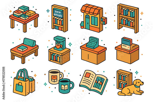 Bookshop Icon Set. Colorful isometric vector icons set of bookshop delights: book table display, new arrival shelf, shop entrance sign, staff picks rack,
