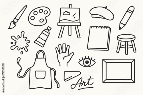 Art Supplies Icons. Hand-drawn doodle illustration artist paintbrush, palette, easel, canvas, beret, pencil, color tube, sketchbook, apron, paint splatter,