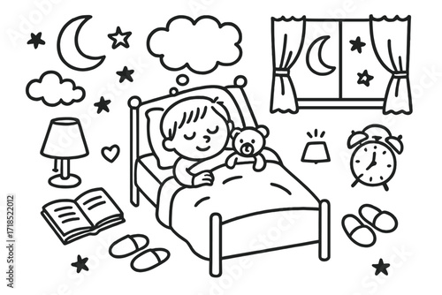 Children's Peaceful Slumber. Hand-drawn doodle illustration Children sleeping soundly in their beds [child in bed, pillow, blanket, teddy bear, moon, stars,
