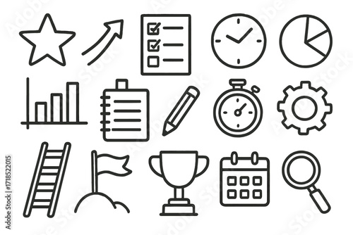 Growth Tracking Icons. Hand-drawn doodle illustration personal growth tracking star, arrow, checklist, clock, pie chart, bar chart, notebook, pencil,