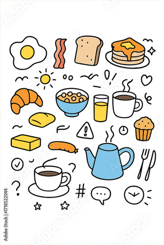 Vibrant Breakfast Doodles. Breakfast. Hand-drawn doodle illustration breakfast fried egg colored, toast, bacon strip colored, pancake stack, croissant colored,