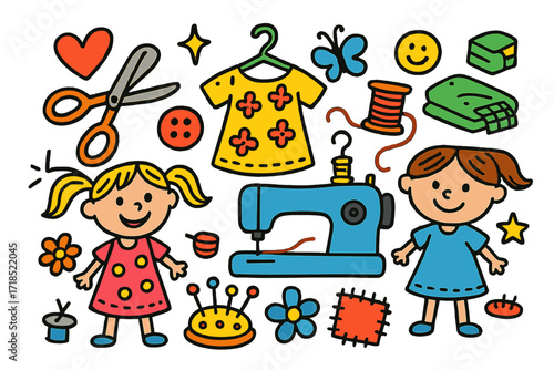 Colorful Sewing Icons. Colorful Hand-drawn doodle Children illustration Hand-sewn Dresses dress, sewing machine, scissors, thread spool, fabric, button,