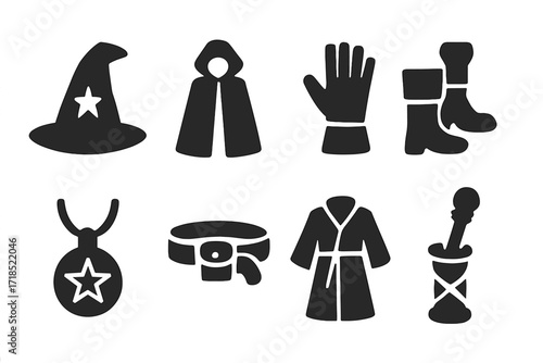 Magical Clothing Icons. Solid, filled icon set of magical clothing and accessories: wizard hat, cloak, boots, gloves, amulet, belt with pouch, robe, magic