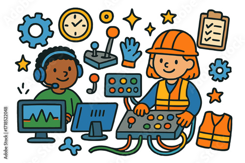 Children's Control Room Doodles. Colorful Hand-drawn doodle Children illustration Control Room Operators computer screen, lever, button panel, gear, headset,
