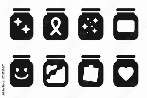 Tip Jar Icons. Solid, filled icon set of tip jar decorations: stickers, ribbons, glitter, labels, drawings, colorful paint, thank you notes, charity logos.