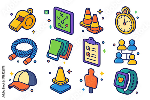 Sports Coaching Icons. Colorful isometric vector icons set of sports coaching elements: whistle, tactic board, cones, stopwatch, rope for tug of war,