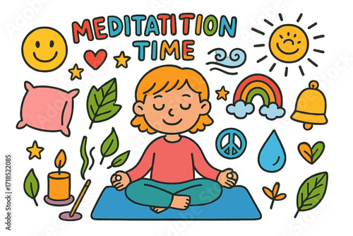 Kids' Meditation Doodles. Colorful Hand-drawn doodle Children illustration Meditation time lotus pose, smiley face, yoga mat, candle, leaf, incense stick,