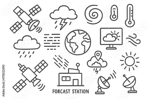 Weather Satellite Doodle. Hand-drawn doodle illustration [weather satellites] [weather satellite, cloud, lightning, hurricane icon, temperature symbol, rain
